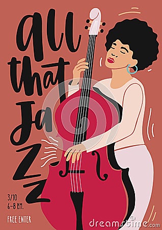 Jazz music performance, concert or festival advertisement poster or flyer template with African American female musician Vector Illustration