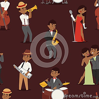 Jazz music seamless pattern group of creative young people playing on instruments vector illustration Vector Illustration