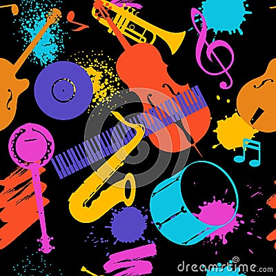 Jazz music seamless pattern with musical instruments Vector Illustration