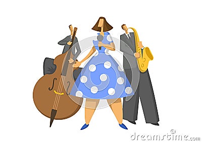 Jazz music trio. Contrabassist, saxophonist and singer. Abstract Vector illustration. Vector Illustration