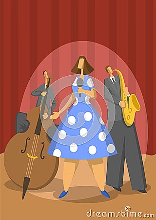 Jazz music trio. Contrabassist, saxophonist and singer. Abstract Vector illustration. Vector Illustration