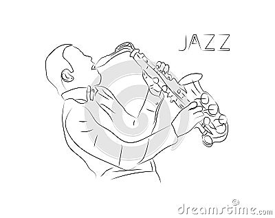 Jazz music vector theme of a musical jazz player with saxophone. One single line art drawing style with minimalistic design. Vector Illustration