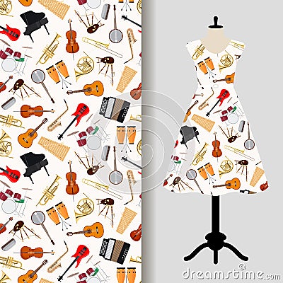 Jazz musical instruments dress fabric pattern Vector Illustration