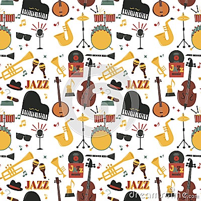 Jazz musical instruments tools background jazzband piano saxophone music seamless pattern sound vector illustration rock Vector Illustration