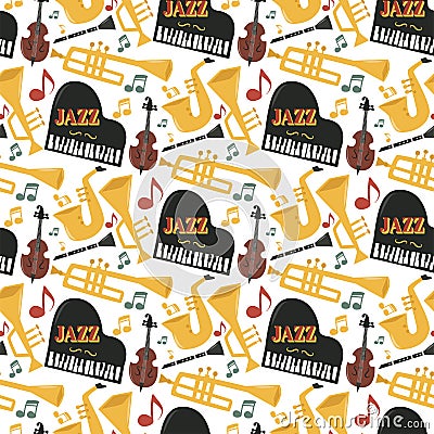 Jazz musical instruments tools background jazzband piano saxophone music seamless pattern sound vector illustration rock Vector Illustration