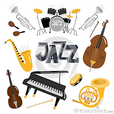 Jazz musical instruments. Vector music instrument objects collection isolated, drums and tuba, vintage brass, acoustic Vector Illustration