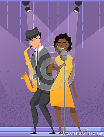 Jazz musician saxophone player with sax stands. Girl sing song into microphone enjoying performance Vector Illustration