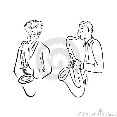 Jazz musicians playing music. Saxophone players sketch. Vector Illustration
