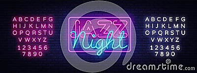 Jazz Night neon sign vector. Jazz Music design template neon sign, light banner, neon signboard, nightly bright Vector Illustration