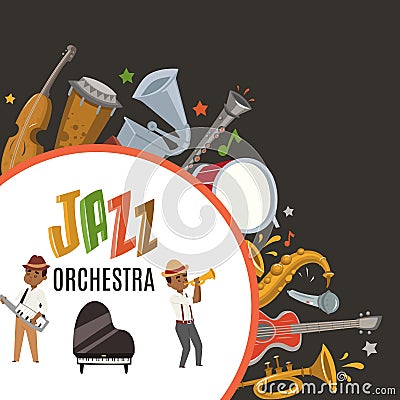 Jazz orchestra or jazzband with cartoon characters musician saxophonist and piano player and musical instruments poster Vector Illustration