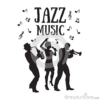 Jazz Orchestra. Silhouettes of trumpet player, saxophonist and african woman singer. 50`s or 60`s style musicians Vector Illustration