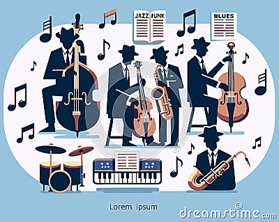 Jazz orchestra vector illustration. Jazz band perform music Vector Illustration