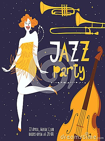 Jazz party invitation or poster template with dancing lady Vector Illustration