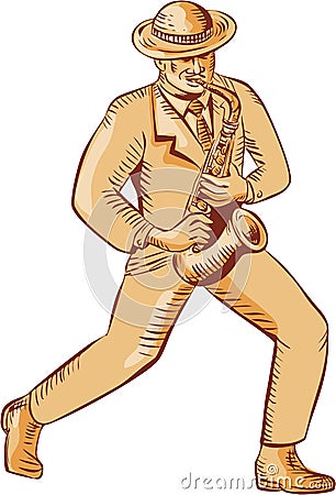 Jazz Player Playing Saxophone Etching Cartoon Illustration