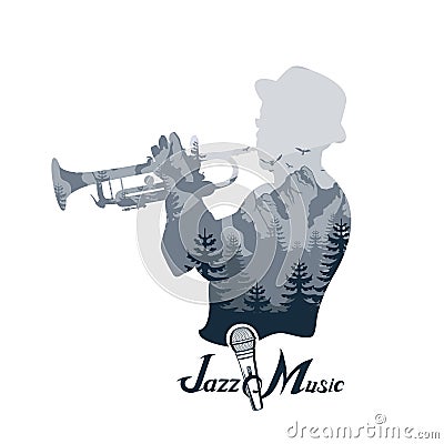 Jazz player with trumpet. Images of the musician double exposure. Trumpet player. Lettering with a microphone. Vector Illustration