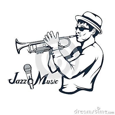 Jazz player with trumpet. Trumpet player. Lettering with a microphone. Vector Illustration