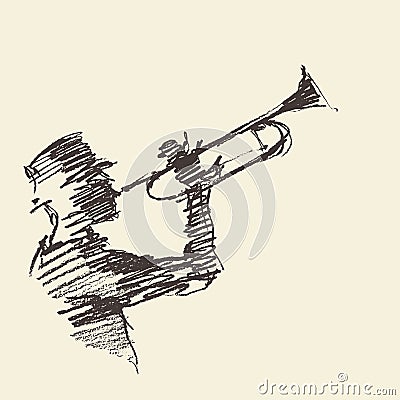 Jazz poster Man playing trumpet drawn sketch Vector Illustration