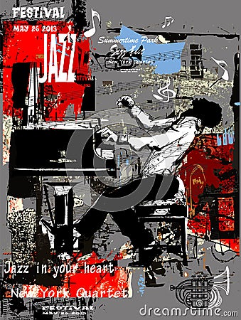 Jazz poster with pianist over grunge background Vector Illustration