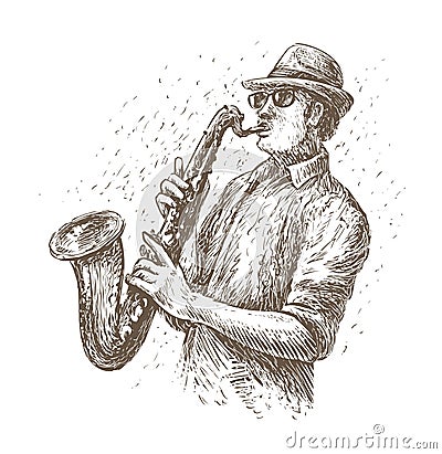 Jazz saxophone player in sketch style. Music concept vintage vector illustration Vector Illustration