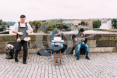 Jazz street band playing music in Prague Editorial Stock Photo