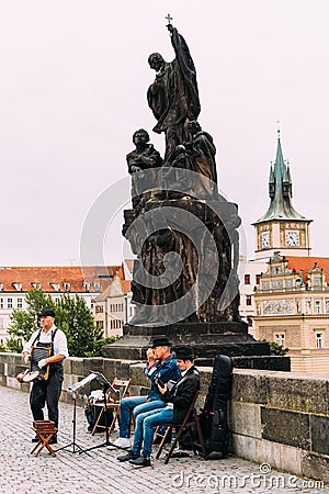 Jazz street band playing music in Prague Editorial Stock Photo