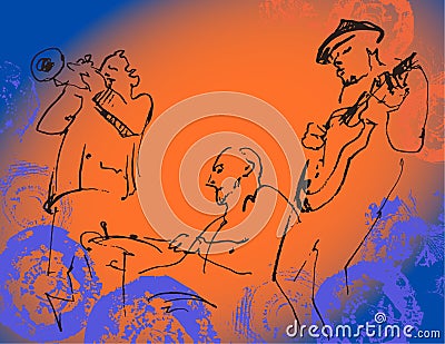 Jazz trio silhouettes on the color background with texture. Vector Illustration