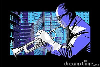 Jazz trumpet player over a city background Vector Illustration