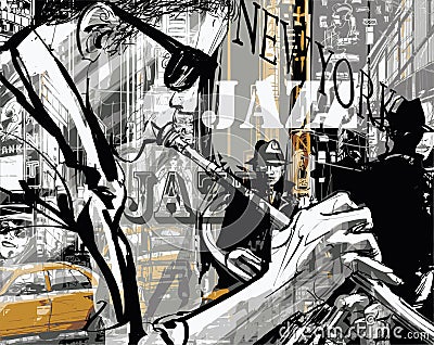 Jazz trumpet player in a street of New york Vector Illustration