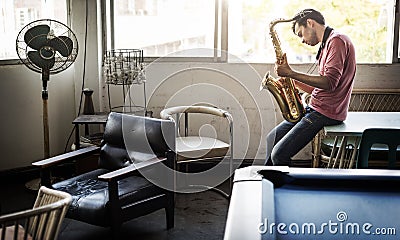 Jazzman Musical Artist Playing Saxophone Concept Stock Photo