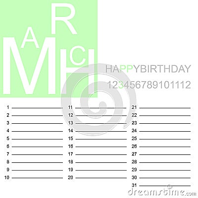 Birthday calendar march Vector Illustration