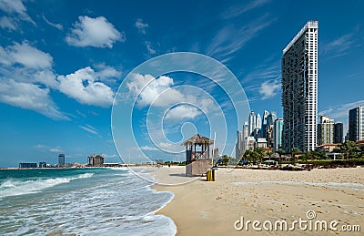 JBR public Beach and skyscrapers in Dubai,UAE Stock Photo