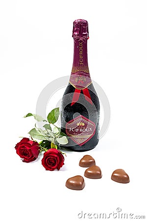 JC Le Roux Sparkling wine on display with roses and chocolate for Valentines day Editorial Stock Photo