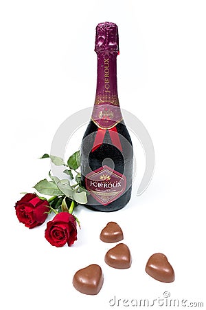 JC Le Roux Sparkling wine on display with roses and chocolate for Valentines day Editorial Stock Photo