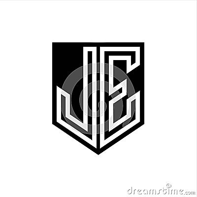 JE Logo monogram shield geometric white line inside black shield color design Vector Illustration