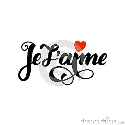 Je t aime. Lovely Valentines day card with red heard and black lettering. Hand sketched Love text in French as logotype Vector Illustration