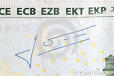 Jean-Claude Trichet`s signature on 100 Euro banknote. Mario Draghi is president of the European Central Bank Stock Photo