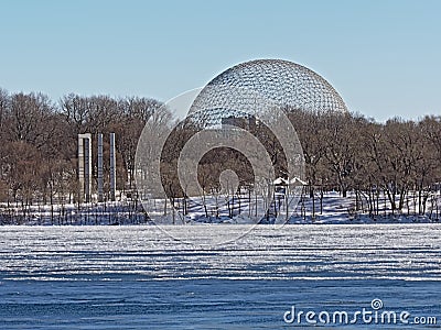 Jean Drapeau park, view from across Saint Lawrence river in winter Editorial Stock Photo