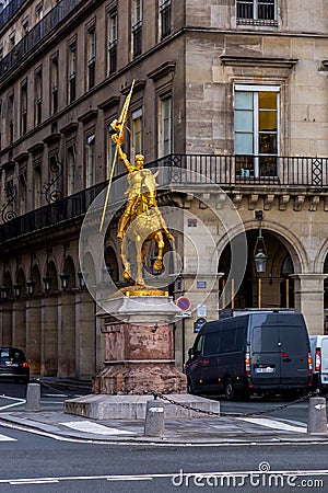 Jeanne d`Arc is an 1874 French gilded bronze equestrian sculpture of Joan of Arc in Paris, France Editorial Stock Photo