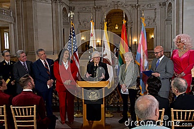 Jeanne Rizzo and Pali Cooper speaking at a Press Conf for the 20th anniversary of the Winter of Love Editorial Stock Photo