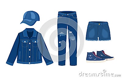 Jeans clothing collection. Denim cap, jacket, shorts and sneakers. Trendy fashion ripped denim casual clothes vector Vector Illustration