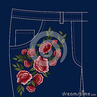 Jeans Folks Floral Embroidery Pattern Vector Illustration