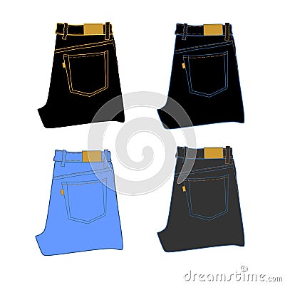 Jeans in four shades. Blue jeans, black, gray and dark. Isolates. Stock Photo