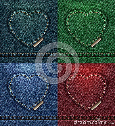 Jeans heart greeting card color collection, fabric texture denim, I love you Valentine blue petroleum red green vector 4 Vector Illustration