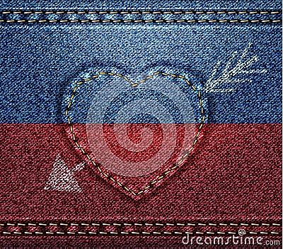 Jeans heart pierced with arrow, I love You, texture fabric denim, blue red blank Vector Illustration
