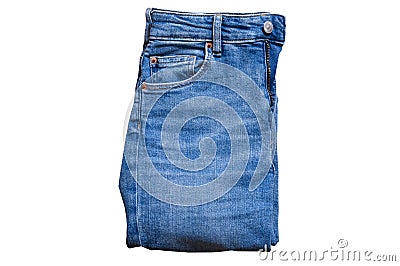 Jeans isolated on white, denim pants isolated, folded blue jeans isolated on white, summer clothes, cloth element mock up Stock Photo