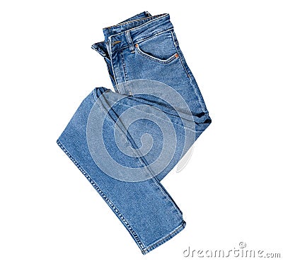 Jeans isolated on white, denim pants isolated, folded blue jeans isolated on white, summer clothes, cloth element mock up Stock Photo