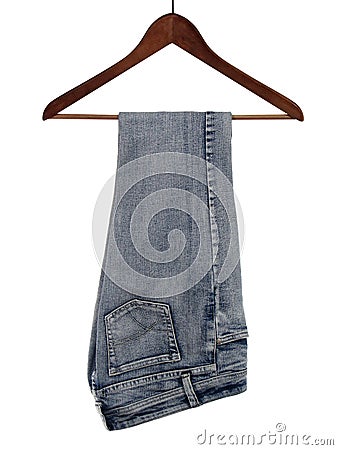 Jeans on a wooden hanger Stock Photo