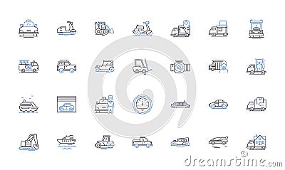 Jeep and delivery line icons collection. Wrangler, Gladiator, Compass, Cherokee, Renegade, Grand Cherokee, Patriot Vector Illustration