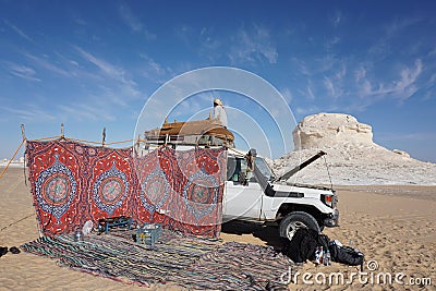 Jeep turns into camp to spend the night in the white desert Editorial Stock Photo