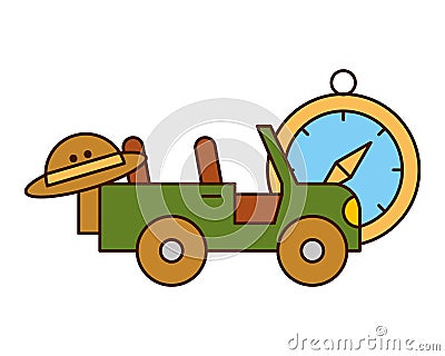 jeep vehicle hat and compass safari equipment Cartoon Illustration